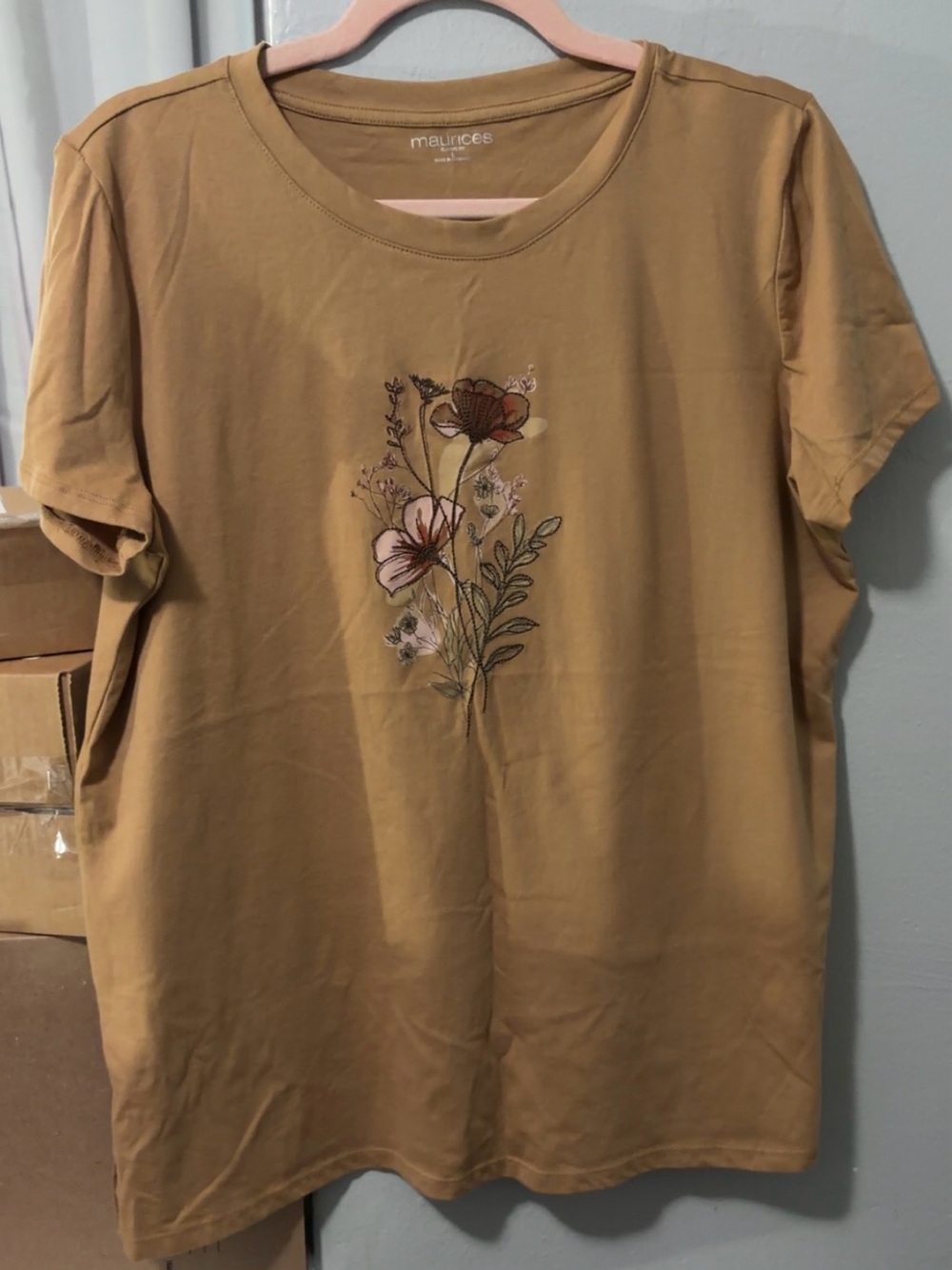 Maurices Mustard Short Sleeve Tee with Center Floral Embroidery